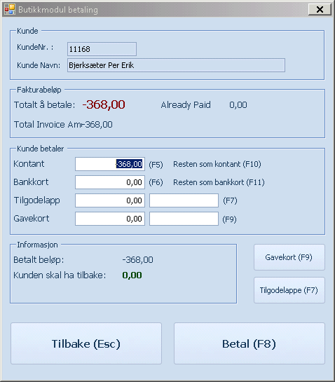 I neste bilde som kommer opp må du trykke F5 for å fortelle at dette foregår med kontanter.