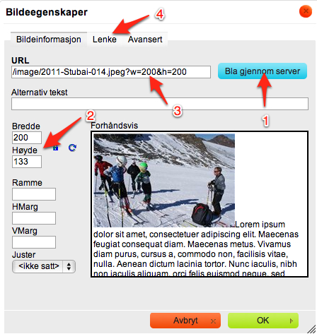(3) URL Når man har valgt bilde (1) så vises URL en (stien) til der bildet ligger i strukturen her. Legg merke til at sist i URL adressen så står følgende: <URL>?