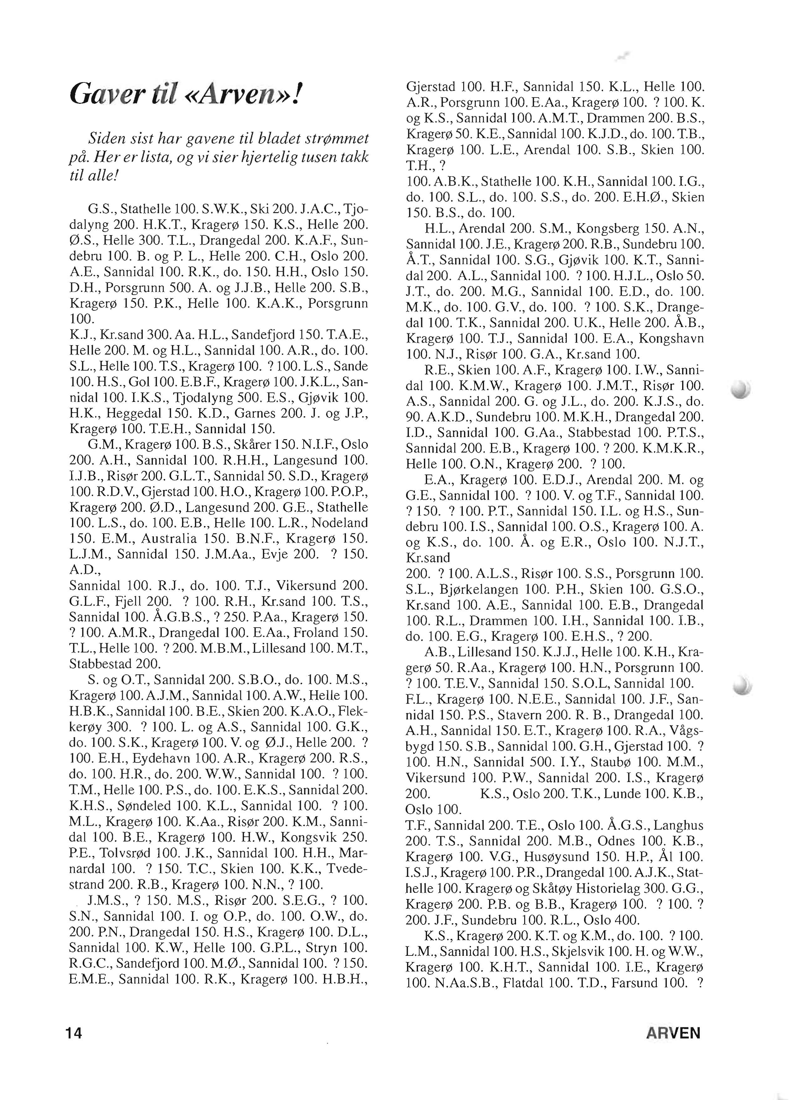 Gaver til «Arven»! Siden sist har gavene til bladet str mmet pd. Her er lista, og vi sier hjertelig tusen takk til aile! G.S., Stathelle 100. S.W.K, Ski 200. J.AC., Tjodalyng 200. H.KT.