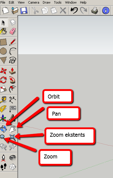 Før vi begynner må vi lære noen viktige funksjoner: Orbit: Pan: Zoom Extents: Zoom: Med denne kan du flytte de i 3D rundt i tegningen Her arbeider du i 2D.