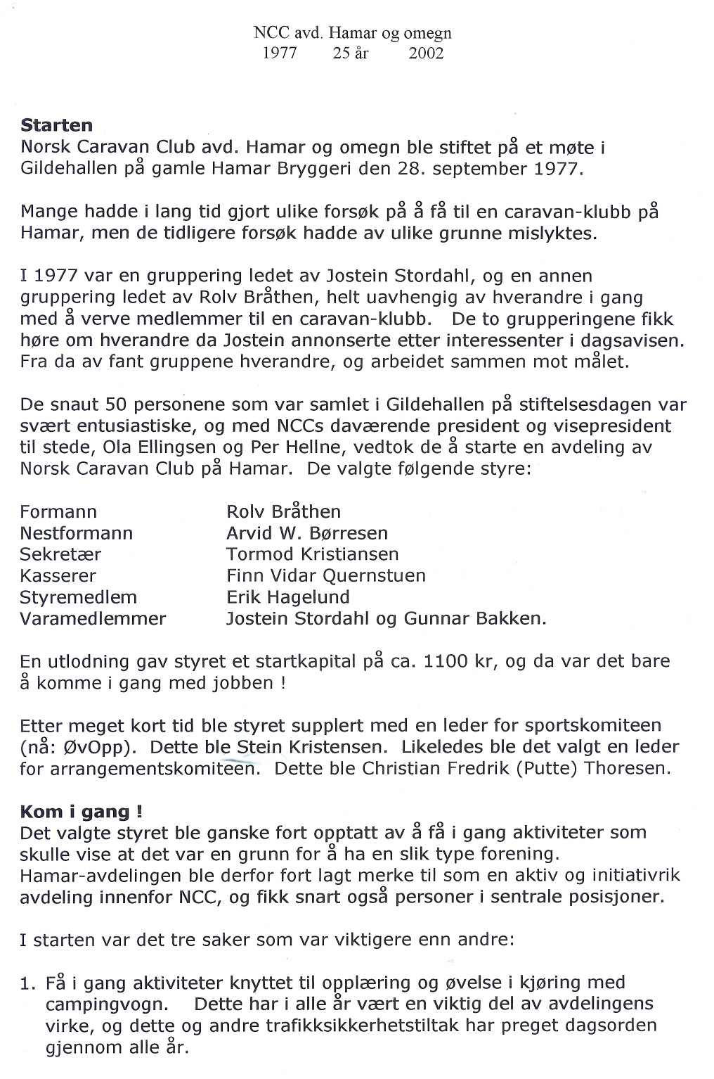 Nrsk Caravan Club pa Hamar. Arvid W. Børresen En utldning gav styret et Km i gang! gang aktiviteter sm avdeling innenfr NCC, g fikk NCC avd. Hamar g megn Starten Nrsk Caravan Club avd.