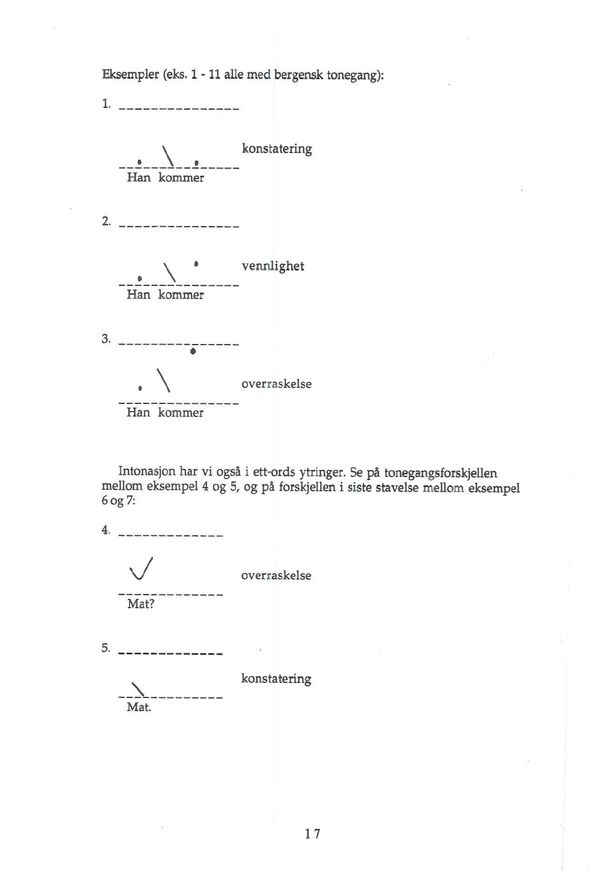 Eksempler (eks, 1-11 alle med bergensk tonegang): 1. Han kommer konstatering 2, \ * vennlighet Han kommer 3.