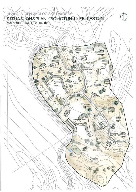 HURDALSJØEN ØKOLOGISKE LANDSBY S ITUASJONSPLAN; "BOLIGTUN 1 - FELLESTUN" MÅL1: 1000. DATO; 28.04.