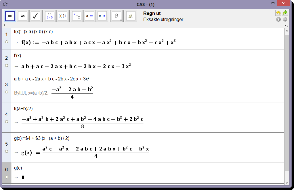 11.3 Litt mer om input og output f(x):=(x-a)(x-b)(x-c) Vi kan finne tangenten i a+b 2, f a+b 2 ved å bruke ettpunktsformelen. Til det trenger vi f a+b 2 og stigningstallet f a+b.