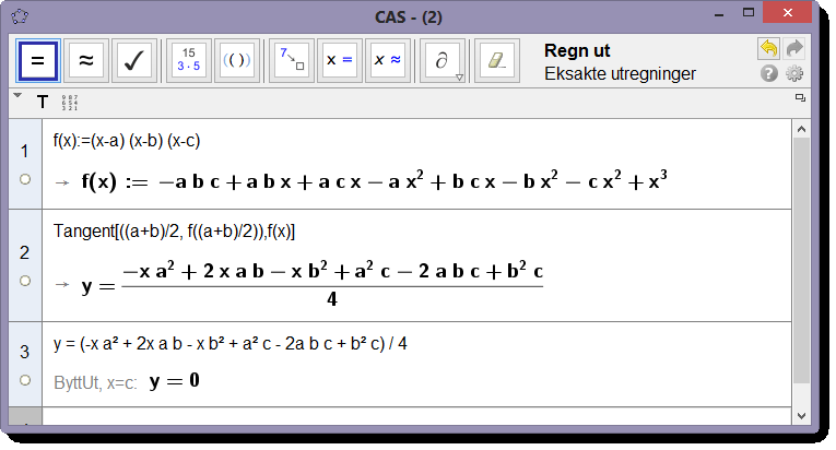 11.3 Litt mer om input og output Figur 74: Tangent-kommandoen fungerer i CAS også! For den interesserte leser kan vi også nevne en tredje løsning som like lett lar seg gjøre med papir og blyant.