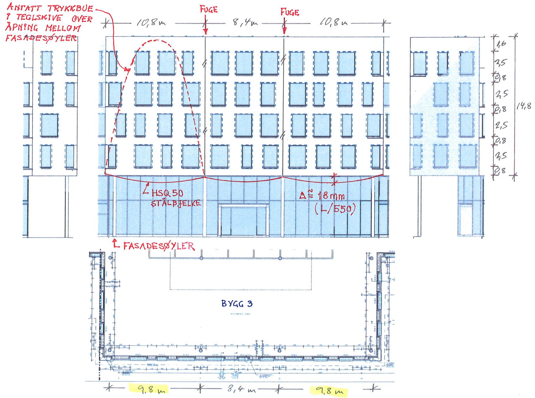 Norsk Murdag 2015 - Monier-bygget. Svevende teglforblending på elastisk opplegg Side 5 av 17 Oppriss teglforblending SØ-fasade, Bygg 3, Konstruksjonssystem Alt.