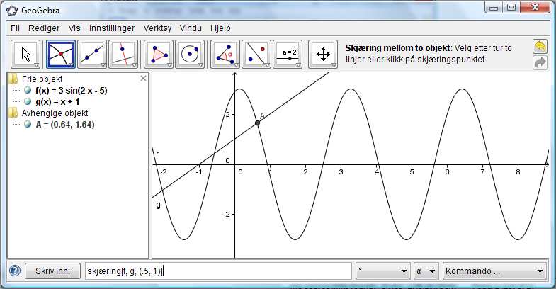 GeoGebra Tor Espen Kristensen Februar 2009 Innhold 1 Innstallering av GeoGebra 2 2 Litt om programmets oppbygning 2 3 Funksjoner i GeoGebra 3 4 Skjæringspunkt mellom to grafer 7 5 Arealet under en