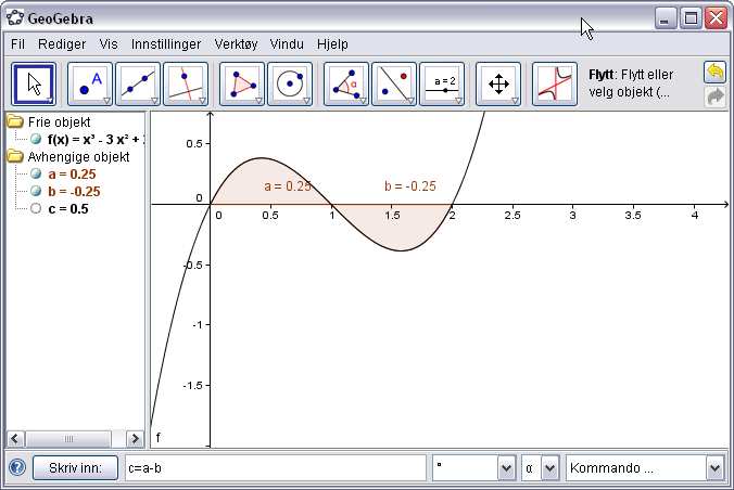 KommandoenIntegral[f,0,2]girossidettetilfellet0somsvar.Kandettestemme?Detsom skjeridettetilfelleteratdeterlikestortarealsomliggeroverx-aksensomunder.