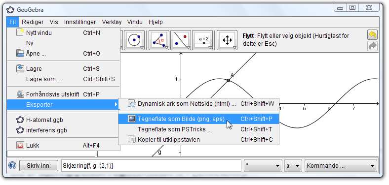 Figur 8 Under Fil/Eksporter får du flere valg for hvordan du vil eksportere geometrivinduet. Merk at du også kan eksportere arbeidsarket som nettside!