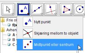 Figur 2 Du kan finne midtpunkt til to punkt med dette verktøyet. Løsning: Vi skriver inn likningene en etter en i inntastingsfeltet.