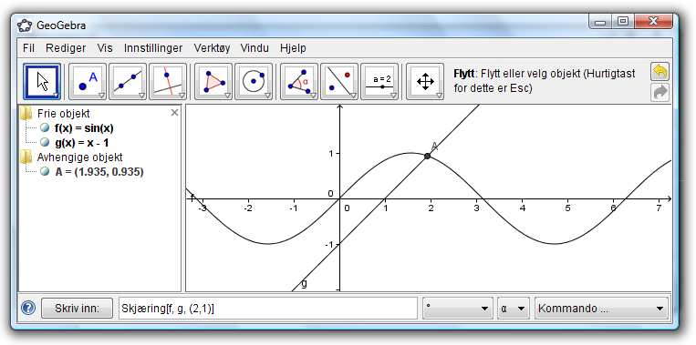 Figur 3 Skjæring mellom to grafer nær punktet(2,1). Vi ser at A =(1,935, 0,935) i algebravinduet.