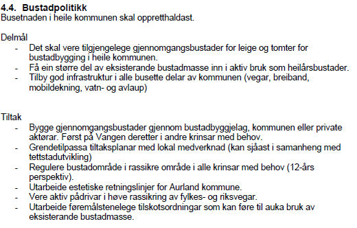 5.5 Bustadpolitikk Kap: 4.4 i samfunnsdelen av kommuneplan Hovudmål og strategiområde Hovudmål Styringsdokument og planar Kommuneplan for Aurland - bustadfelt Jf. kommuneplan for Aurland, av 18.06.