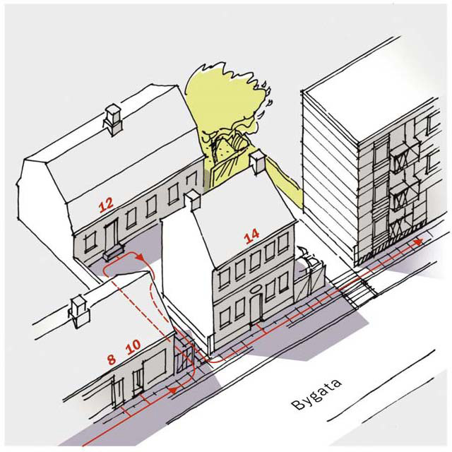 Figur 7 6 Nummerering vil fortsette inn stikk-/gangveger til blokkene. Dette kan medføre ujevn nummerering langs Skogfaret. For å unngå dette kan det være hensiktsmessig å utelate nummer, jf. fig. 7.3 ovenfor.