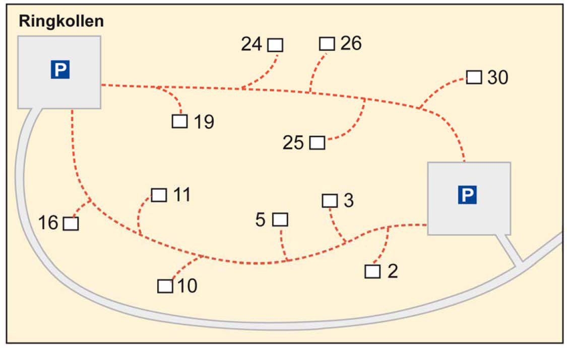 Figur 7 22 Her er det gitt to områdenavn, og hyttene er adressert fortløpende på vanlig måte langs atkomststiene med utgangspunkt i de to parkeringsplassene.