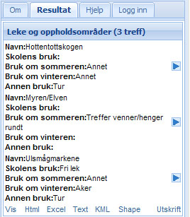 Resultatet vises i ramme til høyre for kartet, med navn på datasettet og antall registreringer under hverandre. Rull ned til bunnen i resultatvinduet.