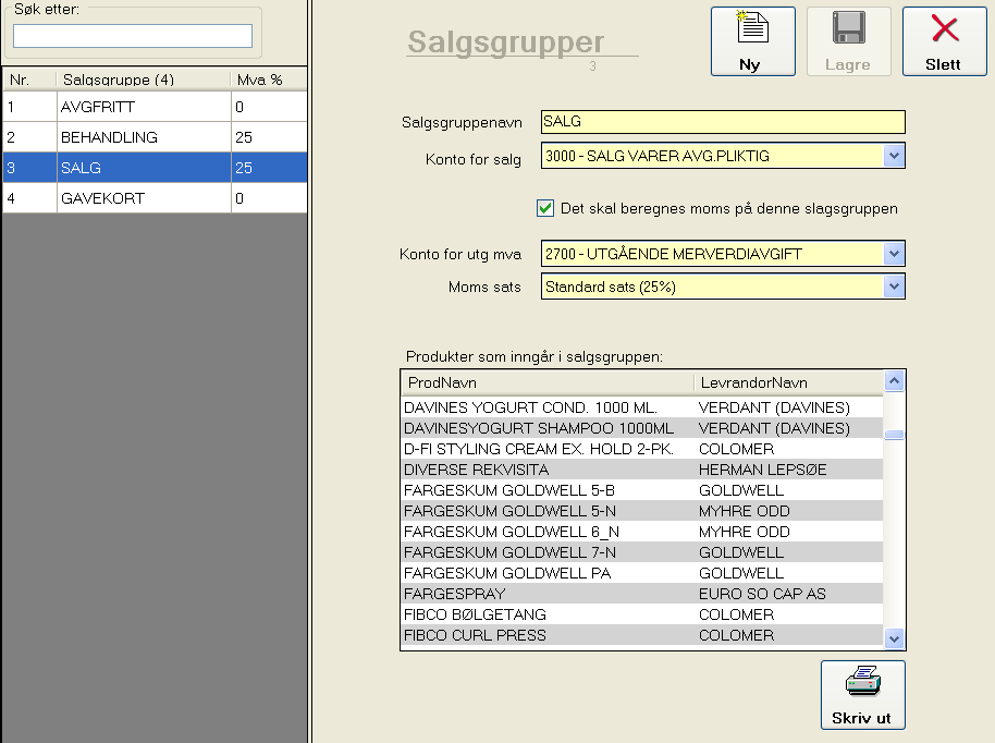 Salgsgrupper FagAdmin leveres med et ferdig forslag til salgsgrupper, men dette bør gjennomgås og tilpasses den enkelte installasjon før systemet tas i bruk, slik at dette ikke senere skaper