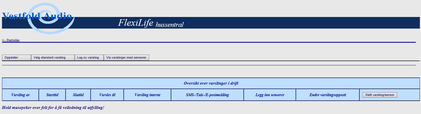 Oppsett for individuelle varslingsoppsett Brukeren har behov for individuelt varslingsoppsett. Dette forteller hva FlexiLife Hussentral skal varsle i leiligheten eller til ekstern varslingsmottaker.