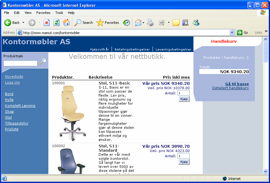 SLIK BRUKER DU SYSTEMET Trinn 2: Slik fungerer nettbutikken med `logg inn Slik blir utseendet på Kontormøblers nettbutikk for kunder og prospekter: Kundene logger seg inn for å få sine rabatter.