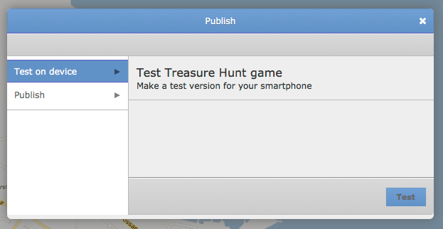 Du har to muligheter på publiserings siden; å publisere spillet for testing, eller å publisere på Turfhunt App`en. Hvis du lager en smart guide, følger du samme fremgangsmåte.
