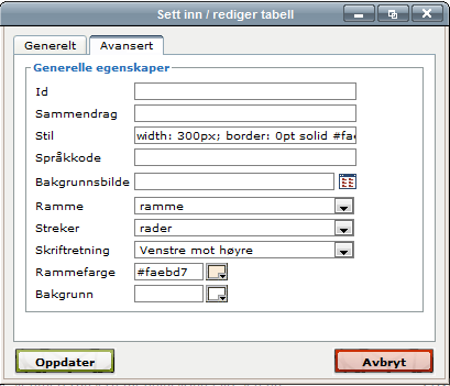 Dokumentasjon WebOrg, Side 14 Under fanen Avansert finner du mange mulige innstillinger. Under streker og ramme kan du påvirke tabellens utseende. Her finnes det mange kombinasjoner.