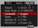 Spesifisering av datoformat (Datoformat) Prosedyre [SET] * MENU * Oppsettsfane * Datoformat Du kan velge i mellom tre forskjellige datoformat for datoen. Eksempel: 10.