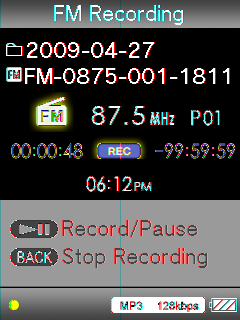 71 Lytte til og spille inn fra FM-radio Trykk på BACK/HOME-knappen for å stoppe opptaket. Opptaket lagres som en fil "FM-xxxx-nnn-hhmm* 1 " i mappen [Record] [FM] [åååå-mm-dd* 2 ].