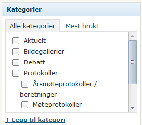 Klikk og merk av de kategorier innlegget skal samles under. Man kan merke av flere kategorier for samme innlegg. Man legger til nye kategorier ved å trykke på «+Legg til kategori».