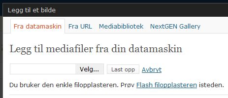 Enkeltbilder Når man i et innlegg har kommet dit man vil legge inn et enkeltbilde trykker man på første firkant til høyre for «Last opp / sett inn» Se over.