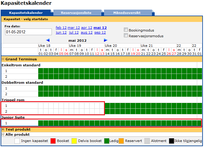 Og slik ser det ut i kapasitetskalenderen: På skjermbildet til høyre ser du hvordan det ser ut når man har lagt ut kapasitet og stengt av et rom (Trippel rom).