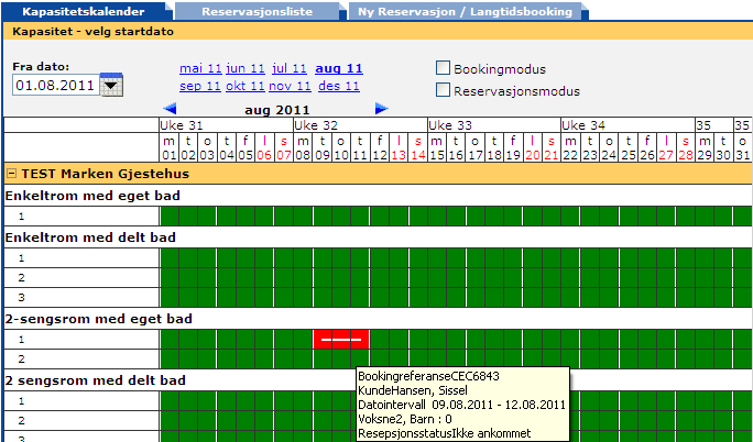 Alle bekreftede bookinger vises med rød markering i kapasitetskalenderen. Det at noen markeringer får en hvit strek i midten viser at det er samme gjest som bor på enheten i det markerte tidsrom.