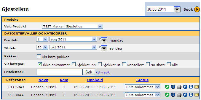 RESEPSJON (MENY: RESEPSJON) GJESTELISTEN Her gis en fullstendig oversikt over alle bookinger med tydelig merking av når gjester ankommer samt tidsintervall for opphold og status.