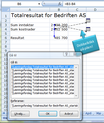 7 1 0 Mangler data 8 1 5 0,2 Den opprinnelige formelen ser slik ut: =A2/B2 Formelen som gir en fri kommentar ser slik ut: =HVISFEIL(A54/B54;"Ingen data") Erstatt uttrykket ingen data med hva du måtte