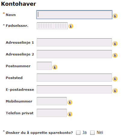 Det største problemet på denne siden, er merkingen av hvilke felt som er obligatoriske. Dette vises ved stjernen foran Navn og Fødselsnr, men denne er ikke tydelig nok.