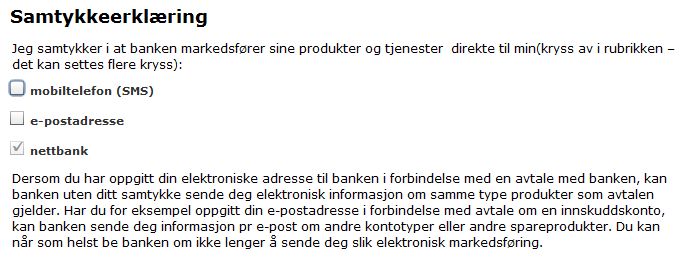 Samtykkeerklæring for markedsføring Det siste skjermbildet i flash-dokumentet omhandler markedsføring fra banken.