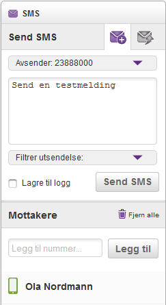 Når teksten er skrevet og mottakerne lagt til klikker man på Send SMS-knappen. 8.1.1 Fjerne mottakere Om man ønsker å fjerne en mottaker tar man musepekeren over kontakten som fjernes som mottaker.