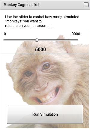 Med denne knappen kjøres en simulering hvor et antall «aper» svarer på testen din ved ren gjetting, og du får se hva slags svarfordeling dette resulterer i.