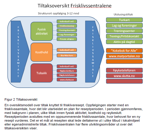 Hvilke tilbud har frisklivssentralene Helsedirektoratet (2011, s.24) har laget en tiltaksoversikt over tiltak knyttet til FLS og hvordan oppfølgingen kan se ut.