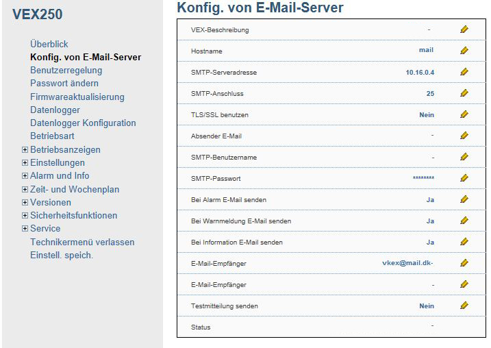 DE - Webserver - Betriebsanleitung 1.5.3 Konfiguration des E-Mail Servers VEX-Beschreibung Hier kann die Position des VEX-Geräts beschrieben werden. Die Beschreibung geht aus der E-Mail hervor.