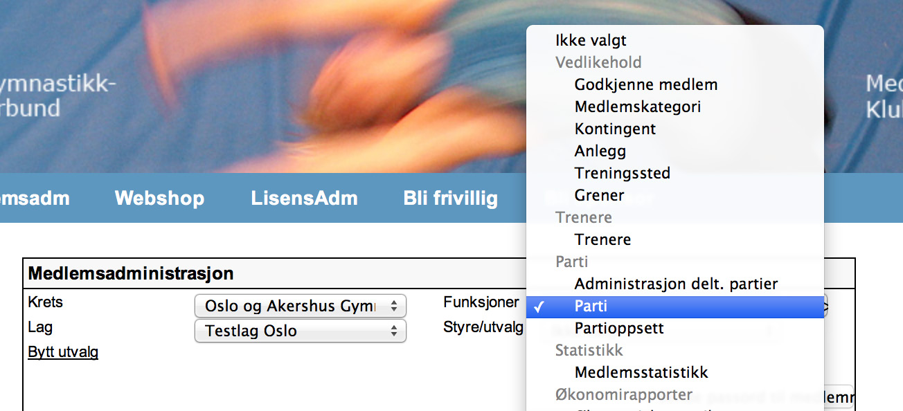 7. OPPRETTE PARTI Etter at treningsstedet er opprettet, så skal du opprette partiene dine. Starten er som for opprettelse av treningssted, men nå velger du parti.