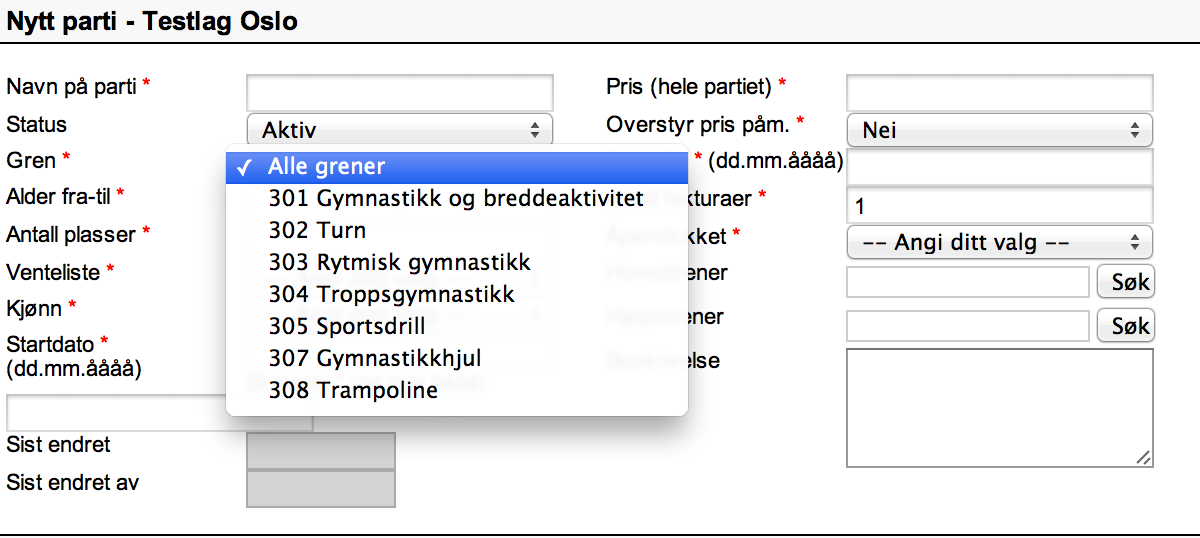 Navn på parti: Her velger dere det som dere har som navn på partiene deres. Status settes til Aktiv for partier som er i bruk.