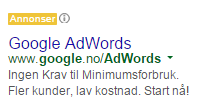 Google AdWords-annonsering Typisk Google AdWords tekstannonse: Overskrift: 25 tegn Tekstlinje 1: 35 tegn Tekstlinje 2: 35 tegn Visningsadresse: 35 tegn (f.eks. www.dinside.