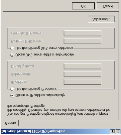 Figur 30: Viser Domain Name og DNS Servers 3. Gå til TCP/IP oppsettet på klienten og sett den til å motta adresse fra nettet. Sjekk at klienten får utdelt en adresse ved å pinge og kjøre winipcfg.