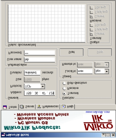 6. De som ønsker det kan laste ned programmet btest (bandwidth test) fra www.mikrotik.com for å teste båndbredden mellom deres maskin og ruteren. Hvor stor overføringskapasitet er det?