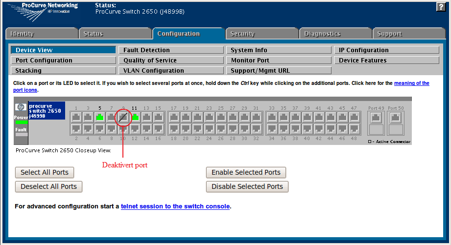 Figur 6.10: Port 9 etter at den har blitt automatisk deaktivert på switchen 6.2.