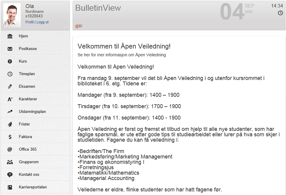 Hvordan ser Bulletinboard ut for studenten?