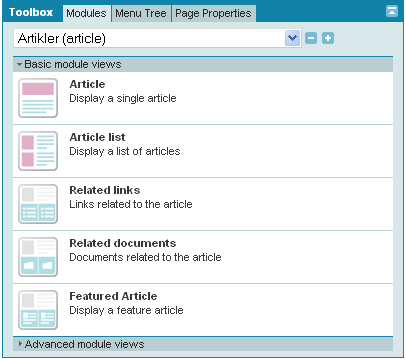 Modules I fanen med moduler finner du en oversikt over alle moduler som er installert. Navnet du har gitt på modulen står først, og typen modul i parantes (eksempelvis Jon- Yngves blogg (blog)).