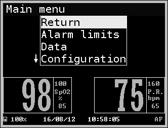 7.2.2 Visning av hovedmenyen 1 Trykk på menyknappen. 2 Hovedmenyen vises. Fig. 21: Hovedmeny 7.2.3 Menystruktur Menystrukturen er som følger: Nivå 1 Nivå 2 Nivå 3 Kommentar Alarmgrenser Data Vital alarmliste Total alarmliste Trend Minnekonfig.