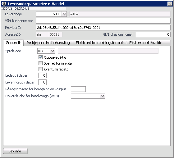 Parameter ehandel I skjermbildet Leverandørparametre ehandel kan du legge inn noen parametre som kun benyttes av innkjøpssystemet.