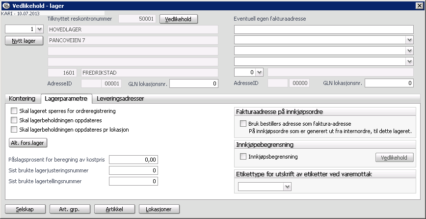 Under fanen Lagerparametre må du passe på at det ikke er krysset av for lageroppdatering dersom du ikke bruker lager for videresalg.