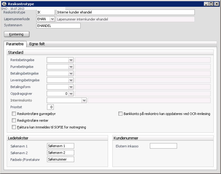 På interne kunder legges det inn systemnavn EHANDEL og løpenummerkode: Menyvalg Økonomi: Grunndata > Reskontro > Løpenummer Løpenummerkode for internkunder (reskontronummer) bør sees